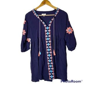 Umgee Navy Blue Embroidered Boho Tassel Tie‎ Tunic Top Babydoll XL
